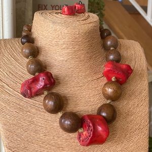 Amazing vintage wood and red coral necklace and earring set!